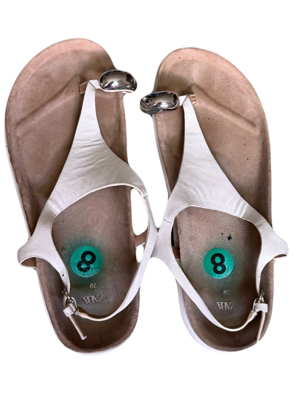 Zara White Leather T-Strap Sandals with Silver Toe Ornaments